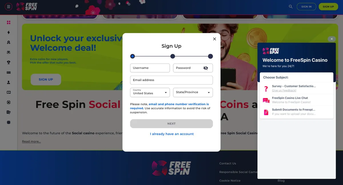 Free Spin Casino sign-up form showing United States and State selection for Texas players