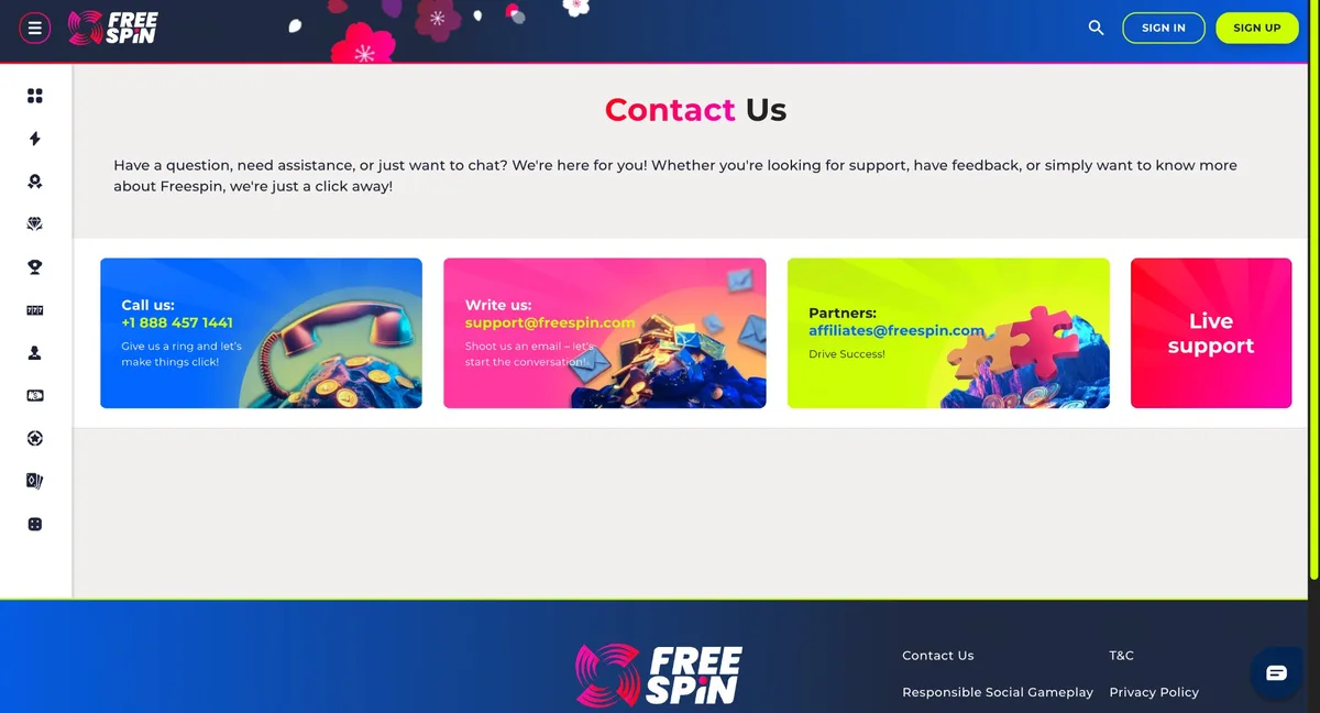 Free Spin Casino support options including live chat, phone and email for Texas players